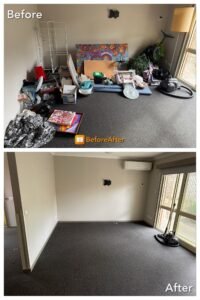 Before and after room transformation showing a cluttered space cleared out for professional end of lease cleaning melbourne.